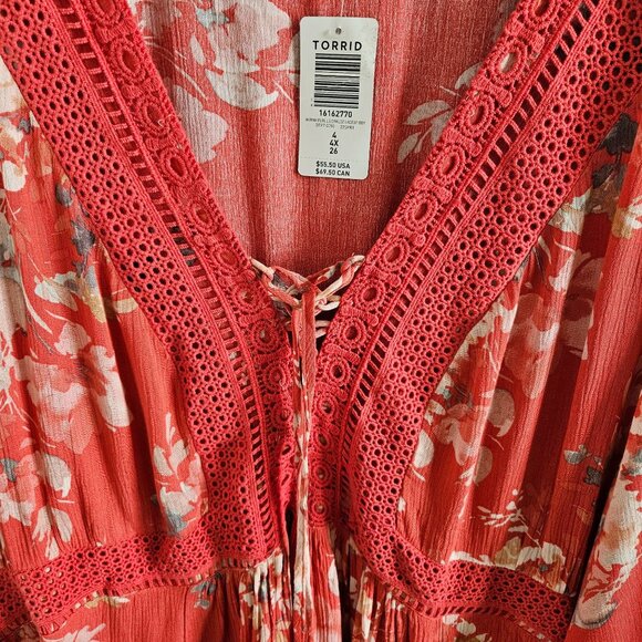 Torrid Woman Size 4 (4X) Peasant Blouse NWT Floral Crochet Trim  Layered Tunic - Picture 3 of 9